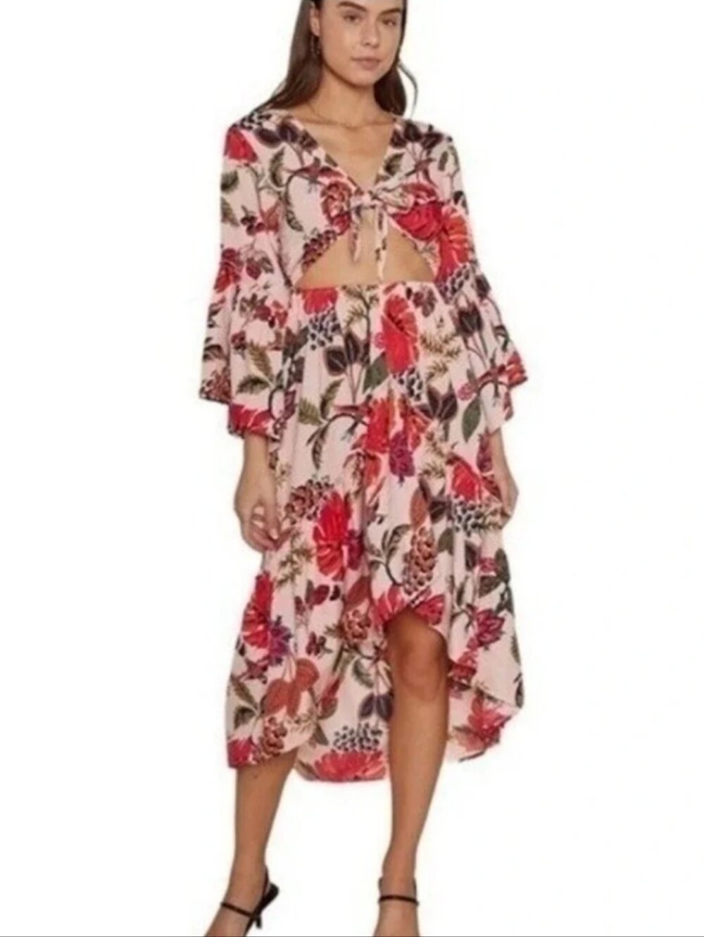 Raga Tropical Floral Cutout Tie Front Maxi Dress Bell Sleeve